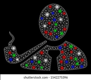 Bright mesh smoking detective with glow effect. White wire carcass polygonal mesh in vector format on a black background. Abstract 2d mesh designed with polygonal grid, points, colored light spots.
