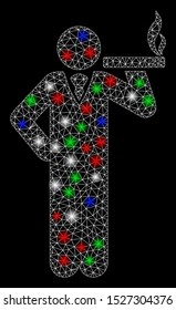 Bright mesh smoking with glare effect. White wire carcass polygonal mesh in vector format on a black background. Abstract 2d mesh created from polygonal grid, small circle, colored glare spots.