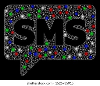 Bright mesh SMS with glare effect. White wire carcass triangular mesh in vector format on a black background. Abstract 2d mesh designed with triangles, spheric points, colored flare spots.