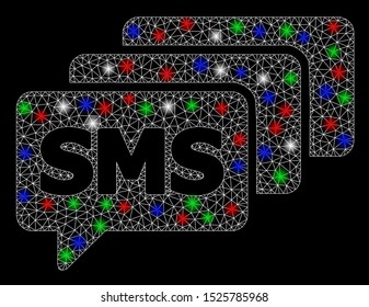 Bright mesh SMS queue with glare effect. White wire frame triangular mesh in vector format on a black background. Abstract 2d mesh created from triangular lines, spheric points, colorful glare spots.