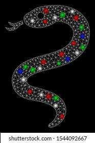 Bright mesh snake with glow effect. White wire frame polygonal mesh in vector format on a black background. Abstract 2d mesh designed with polygonal grid, points, colorful glare spots.
