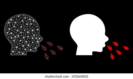 Bright mesh sneezing man with glow effect. Abstract illuminated model based on sneezing man icon. Shiny wire frame polygonal mesh sneezing man. Vector abstraction on a black background.