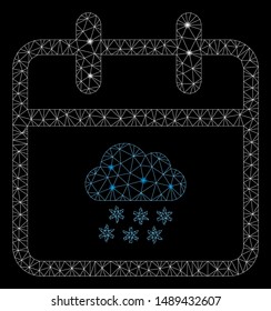 Bright mesh snow day with glare effect. Abstract illuminated model of snow day icon. Shiny wire carcass triangular network snow day. Vector abstraction on a black background.