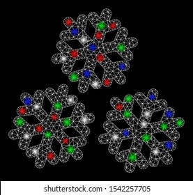 Bright mesh snow with glare effect. White wire carcass polygonal mesh in vector format on a black background. Abstract 2d mesh designed with polygonal grid, dots, colored flare spots.