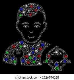 Bright mesh social engineer with glow effect. White wire carcass triangular mesh in vector format on a black background. Abstract 2d mesh designed with triangular lines, dots, colorful glare spots.