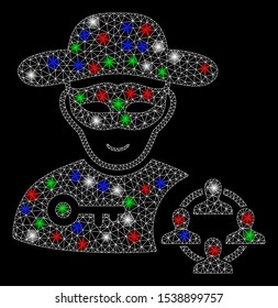 Bright mesh social hacker with lightspot effect. White wire carcass triangular mesh in vector format on a black background. Abstract 2d mesh designed with polygonal grid, small circle,
