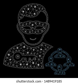 Bright mesh social hacker with sparkle effect. Abstract illuminated model of social hacker icon. Shiny wire carcass triangular mesh social hacker. Vector abstraction on a black background.