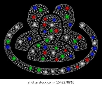 Bright mesh social network with glow effect. White wire frame polygonal mesh in vector format on a black background. Abstract 2d mesh designed with polygonal grid, spheric points, colored flash spots.