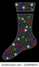 Bright mesh sock with glow effect. White wire carcass polygonal network in vector format on a black background. Abstract 2d mesh designed with polygonal grid, round dots, colored flash spots.