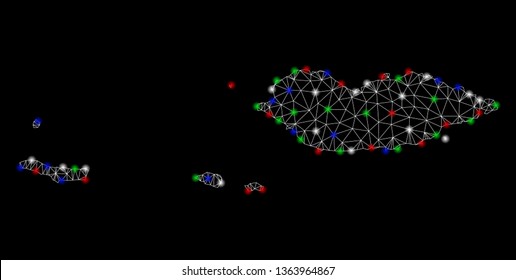 Bright mesh Socotra Archipelago map with glare effect. Wire frame polygonal network in vector format on a black background. Abstract 2d mesh designed with polygonal grid, round dots,