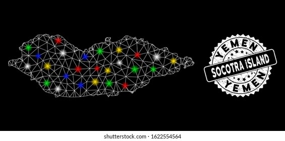 Bright mesh Socotra Island map with glare effect, and seal. Wire carcass triangular Socotra Island map network in vector format on a black background. White round rubber stamp with grunge textures.