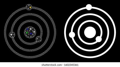Bright mesh Solar System icon with lightspot effect. Abstract illuminated model of Solar System. Shiny wire carcass polygonal mesh Solar System icon. Vector abstraction on a black background.