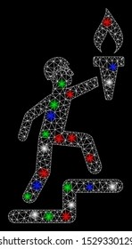 Bright mesh soldier climbing with torch with glow effect. White wire carcass polygonal mesh in vector format on a black background. Abstract 2d mesh built from polygonal grid, spheric points,