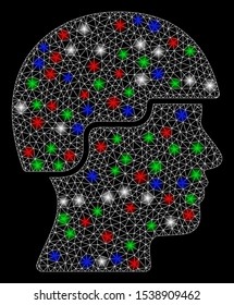 Bright mesh soldier head with lightspot effect. White wire carcass triangular mesh in vector format on a black background. Abstract 2d mesh designed with triangular lines, round dots,