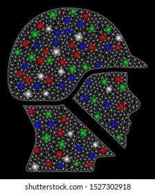 Bright mesh soldier helmet with glare effect. White wire frame polygonal mesh in vector format on a black background. Abstract 2d mesh designed with triangles, dots, colorful flash spots.