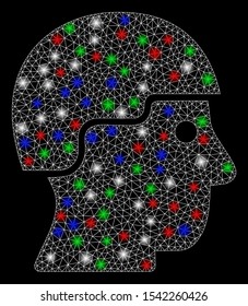Bright mesh soldier helmet with glare effect. White wire carcass polygonal mesh in vector format on a black background. Abstract 2d mesh designed with polygonal grid, points, colorful light spots.