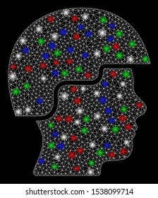 Bright mesh soldier helmet with lightspot effect. White wire carcass polygonal mesh in vector format on a black background. Abstract 2d mesh designed with polygonal grid, points, colored flare spots.