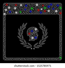 Bright mesh soldier laurel wreath calendar page with glare effect. White wire carcass polygonal mesh in vector format on a black background. Abstract 2d mesh built from polygonal grid, small circle,