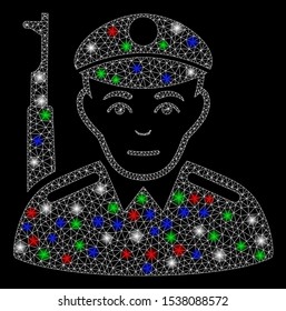 Bright mesh soldier with lightspot effect. White wire carcass polygonal mesh in vector format on a black background. Abstract 2d mesh designed with triangular lines, spheric points,