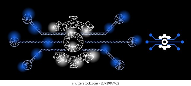 Bright mesh solution cog web icon with illuminated light spots. Illuminated constellation is generated using solution cog vector icon. Bright carcass web polygonal solution cog, on a black background.