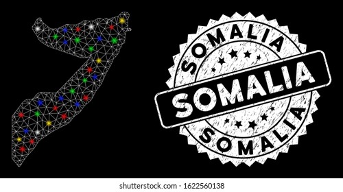 Bright mesh Somalia map with glow effect, and seal stamp. Wire carcass polygonal Somalia map mesh in vector format on a black background. White round rubber stamp with scratched textures.