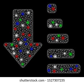 Bright mesh sort down with glare effect. White wire frame polygonal mesh in vector format on a black background. Abstract 2d mesh built from polygonal grid, dots, colored glare spots.