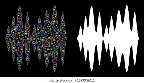 Bright mesh sound signal icon with glow effect. Abstract illuminated model of sound signal. Shiny wire frame triangular mesh sound signal icon. Vector abstraction on a black background.