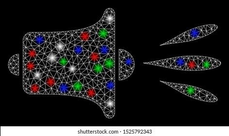 Bright mesh sound speaker with glow effect. White wire carcass triangular mesh in vector format on a black background. Abstract 2d mesh designed with triangular lines, dots, colorful glare spots.