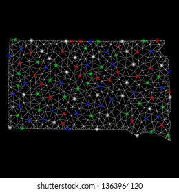 Bright mesh South Dakota State map with glare effect. Wire frame triangular mesh in vector format on a black background. Abstract 2d mesh designed with triangular lines, dots, colored glare spots.