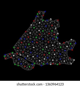 Bright mesh South Holland map with lightspot effect. Wire carcass polygonal mesh in vector format on a black background. Abstract 2d mesh designed with polygonal grid, small circle,