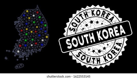Bright mesh South Korea map with lightspot effect, and seal. Wire frame triangular South Korea map mesh in vector format on a black background. White round rubber seal with grunged surface.