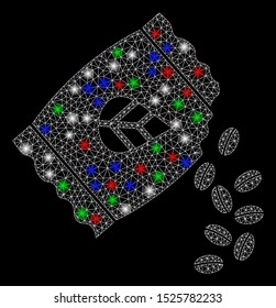 Bright mesh sow seed pack with glare effect. White wire frame triangular network in vector format on a black background. Abstract 2d mesh designed with triangular lines, spheric points,