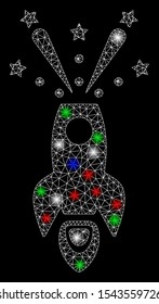 Bright mesh space rocket boom with glare effect. White wire frame triangular network in vector format on a black background. Abstract 2d mesh designed with triangular lines, points,