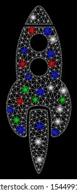 Bright mesh space rocket with lightspot effect. White wire frame triangular network in vector format on a black background. Abstract 2d mesh designed with triangular lines, small circle,