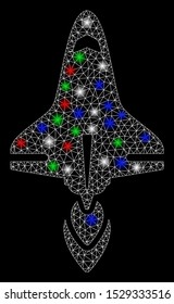 Bright mesh space shuttle with glare effect. White wire frame triangular mesh in vector format on a black background. Abstract 2d mesh built from triangular lines, dots, colorful glare spots.