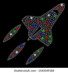 Bright mesh space shuttle with glare effect. White wire frame polygonal mesh in vector format on a black background. Abstract 2d mesh designed with polygonal grid, points, colored flash spots.