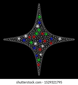 Bright mesh space star with glare effect. White wire carcass polygonal mesh in vector format on a black background. Abstract 2d mesh designed with polygonal grid, points, colorful flash spots.