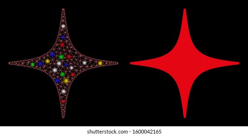 Bright mesh space star icon with glare effect. Abstract illuminated model of space star. Shiny wire carcass polygonal network space star icon. Vector abstraction on a black background.