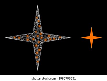 Bright mesh space star with lightspots. Wire carcass 2D mesh generated from crossing white lines and space star icon. White mesh and sparkle carcass mesh space star on a black background.