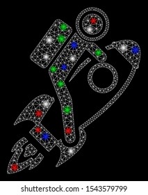 Bright mesh spaceman with lightspot effect. White wire frame polygonal network in vector format on a black background. Abstract 2d mesh designed with polygonal grid, points, colorful light spots.