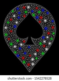 Bright mesh spade casino marker with glow effect. White wire carcass polygonal mesh in vector format on a black background. Abstract 2d mesh designed with triangles, small circle, colored flash spots.