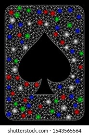 Bright mesh spades gambling card with lightspot effect. White wire carcass triangular mesh in vector format on a black background. Abstract 2d mesh created from triangular lines, spheric points,