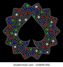 Bright mesh spades token with lightspot effect. White wire carcass polygonal mesh in vector format on a black background. Abstract 2d mesh designed with polygonal grid, round dots,