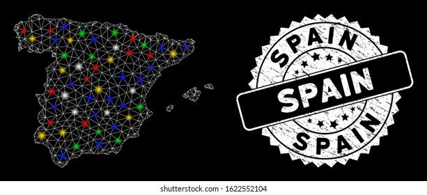 Bright mesh Spain map with glare effect, and seal stamp. Wire frame triangular Spain map mesh in vector format on a black background. White round rubber stamp with distress texture.