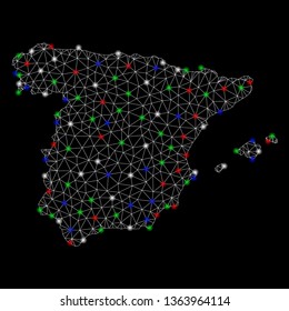 Bright mesh Spain map with lightspot effect. Wire carcass polygonal mesh in vector format on a black background. Abstract 2d mesh designed with triangles, spheric points, colored glare spots.