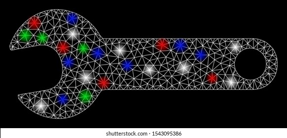 Bright mesh spanner with glare effect. White wire frame polygonal mesh in vector format on a black background. Abstract 2d mesh designed with triangles, small circle, colorful flash spots.