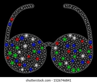 Bright mesh spectacles with glare effect. White wire frame polygonal network in vector format on a black background. Abstract 2d mesh designed with polygonal grid, points, colorful glare spots.