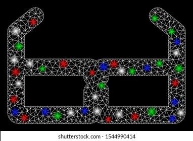 Bright mesh spectacles with glare effect. White wire carcass triangular network in vector format on a black background. Abstract 2d mesh designed with triangular lines, points, colorful glare spots.