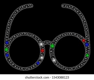 Bright mesh spectacles with glow effect. White wire carcass polygonal mesh in vector format on a black background. Abstract 2d mesh created from polygonal grid, small circle, colored light spots.