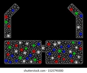 Bright mesh spectacles with lightspot effect. White wire carcass polygonal mesh in vector format on a black background. Abstract 2d mesh designed with polygonal grid, dots, colorful flash spots.